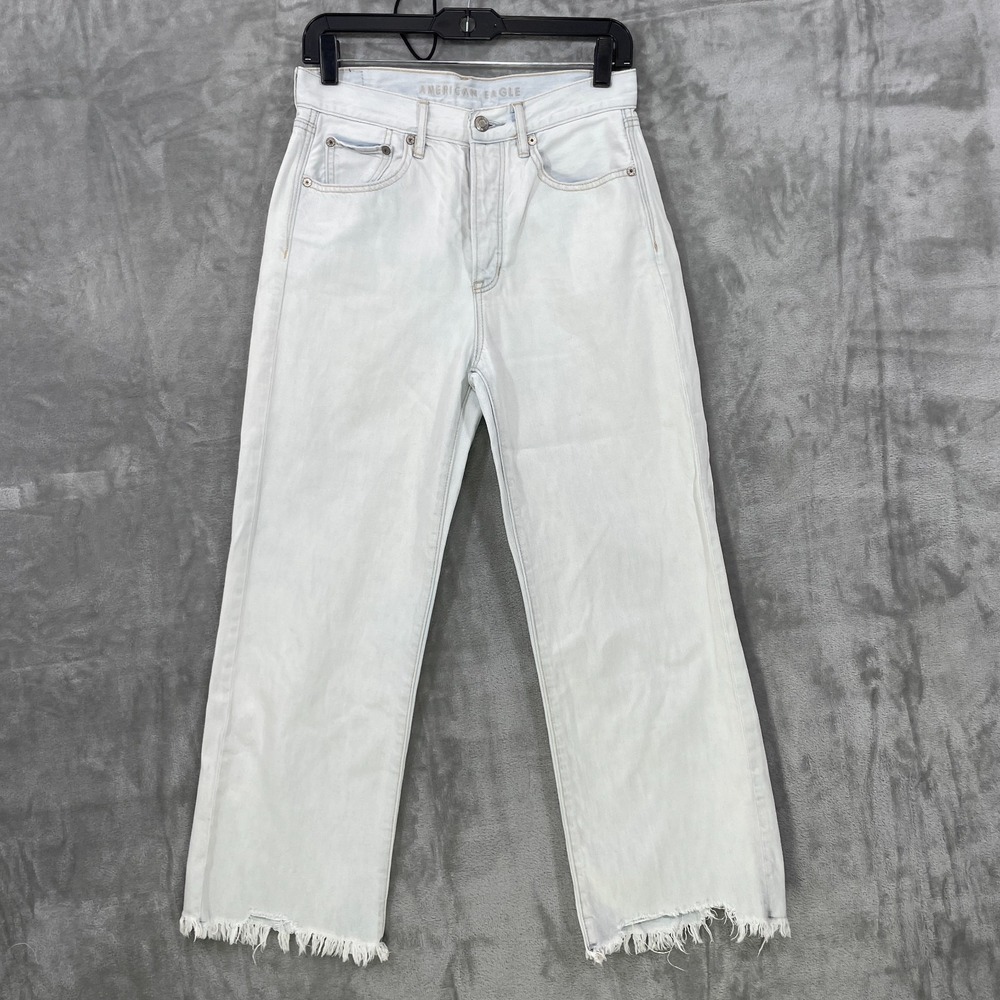 American Eagle Women's 4 L Blue Wide Leg Crop Baggy  Raw‎ Hem Jeans Light Wash